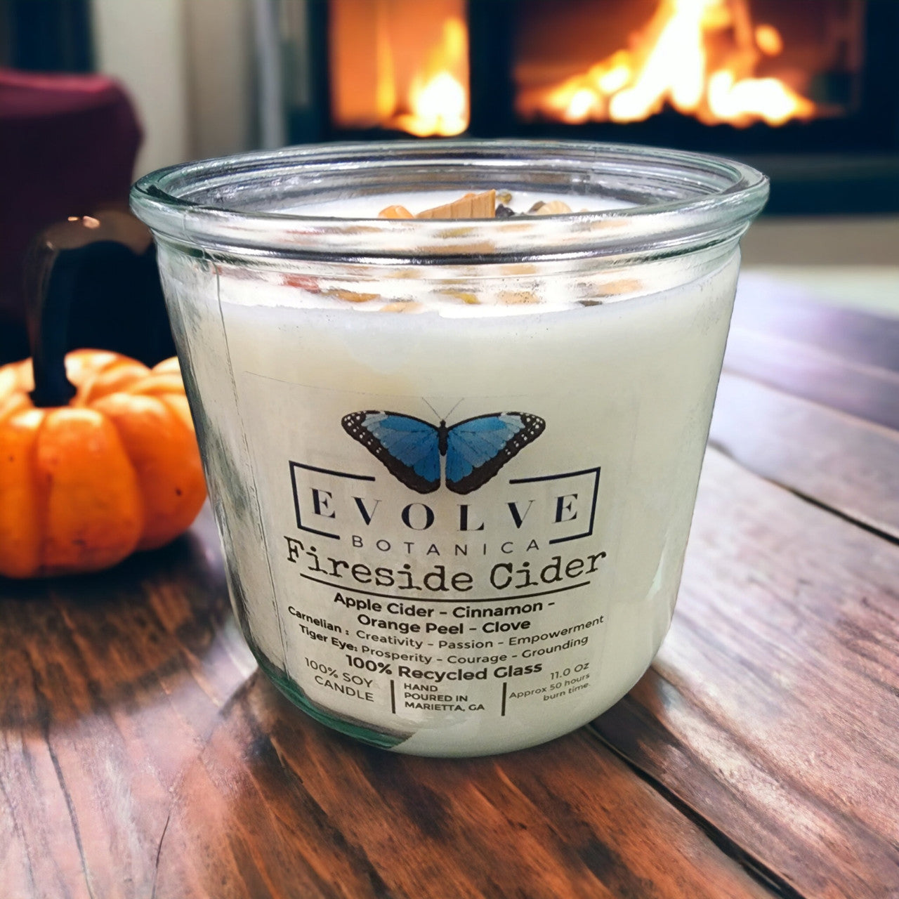 Evolve Botanica Rocks Candle - Fireside Cider (Wood Wick Carnelian & Tigers Eye Gemstone Soy Candle)