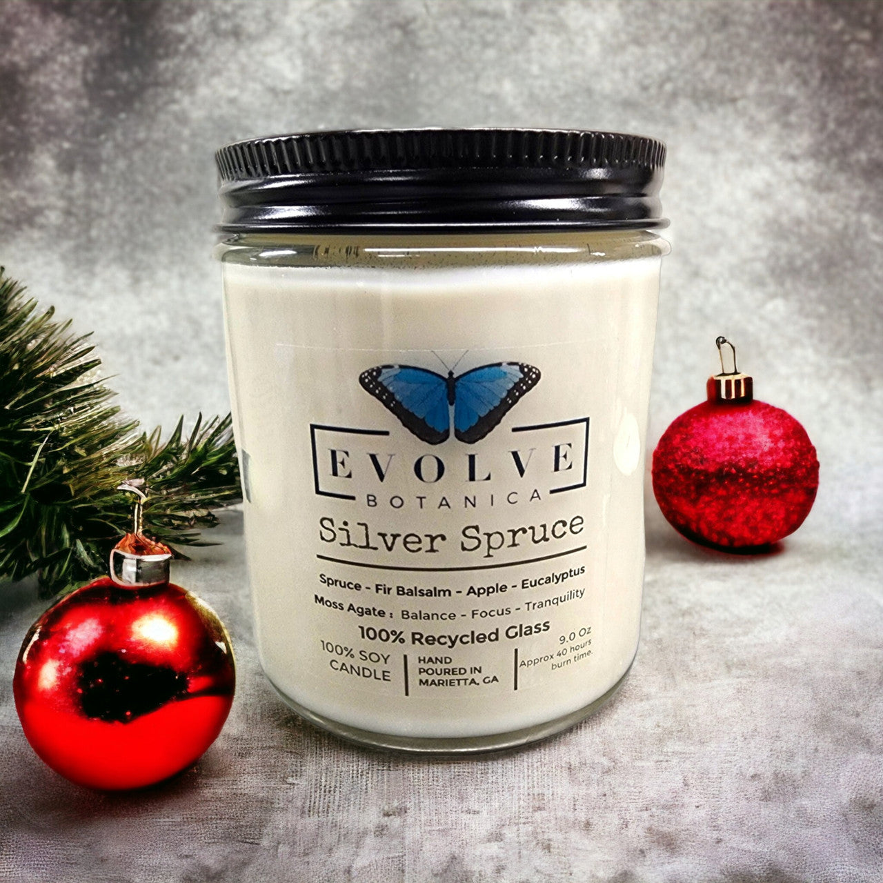 Evolve Botanica Classic 9oz Jam Jar Crystal Soy Candle - Silver Spruce (Moss Agate)