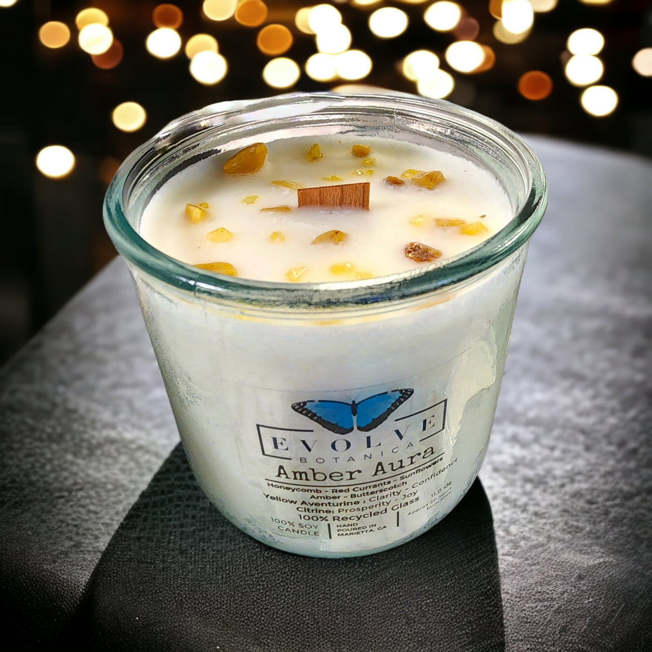 Evolve Botanica Rocks Candle - Warm Wishes (Wood Wick Citrine & Aventurine Gemstone Soy Candle)