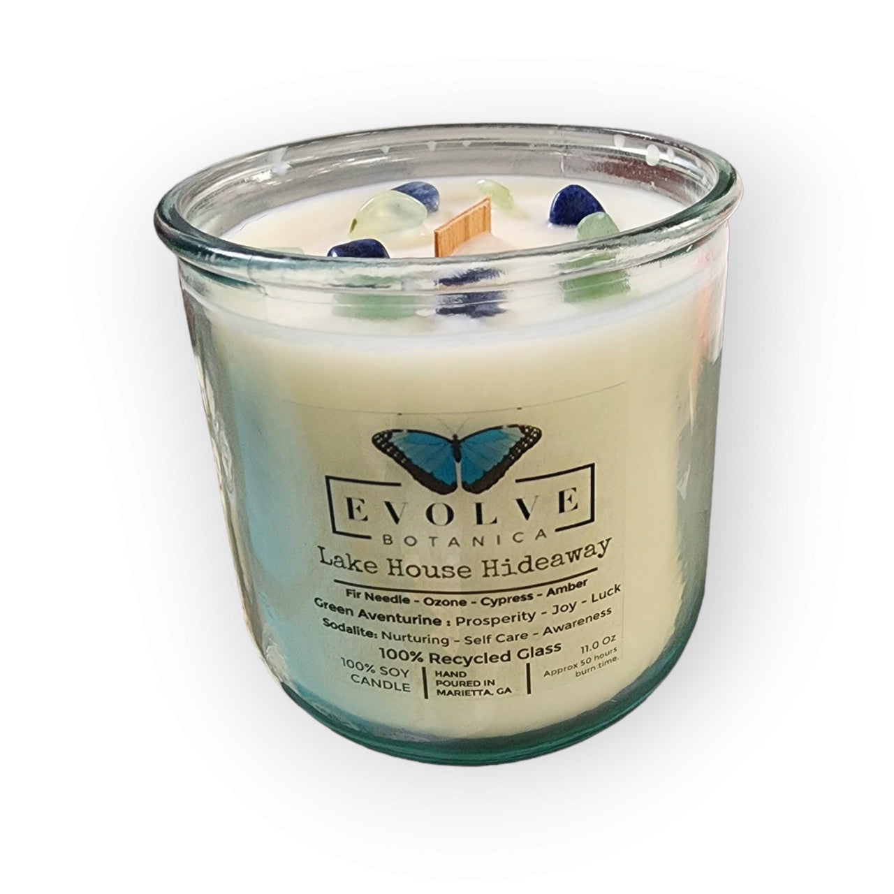 Evolve Botanica Rocks Candle - Lake House Hideaway (Wood Wick Green Aventurine Gemstone Soy Candle)