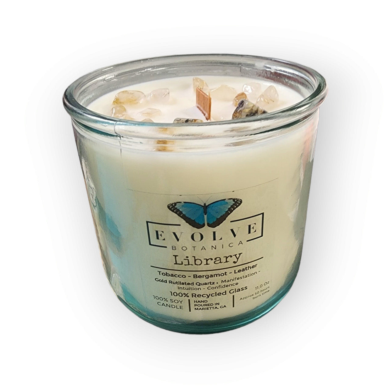 Library wood wick soy candle lit — old library cozy reading atmosphere