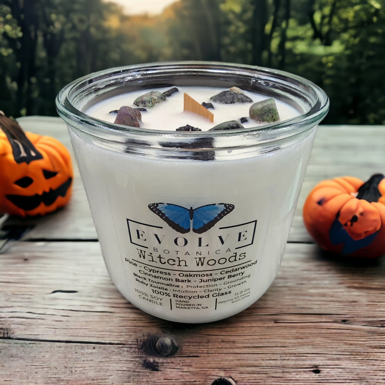 Evolve Botanica Rocks Candle - Witch Woods (Wood Wick Tourmaline & Zoisite Gemstone Soy Candle)