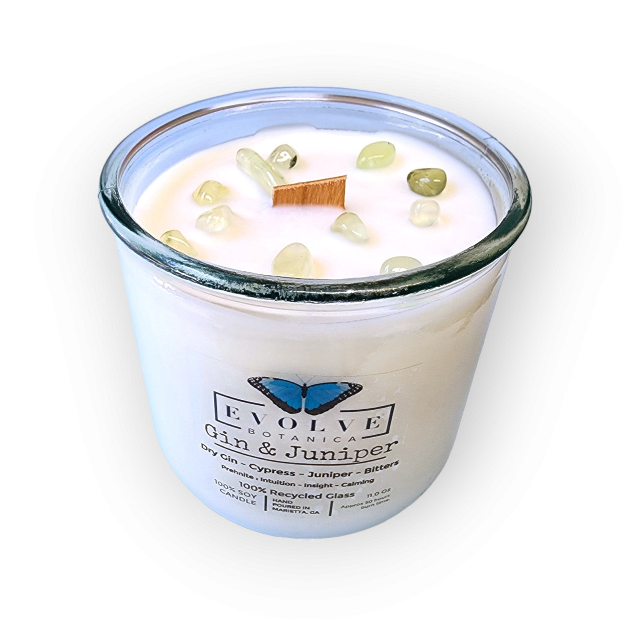 Evolve Botanica Rocks Candle - Gin & Juniper (Wood Wick Prehnite Gemstone Soy Candle)