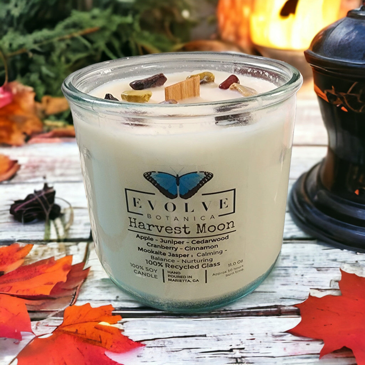 Harvest Moon candle from above showing handcrafted soy wax and crystal