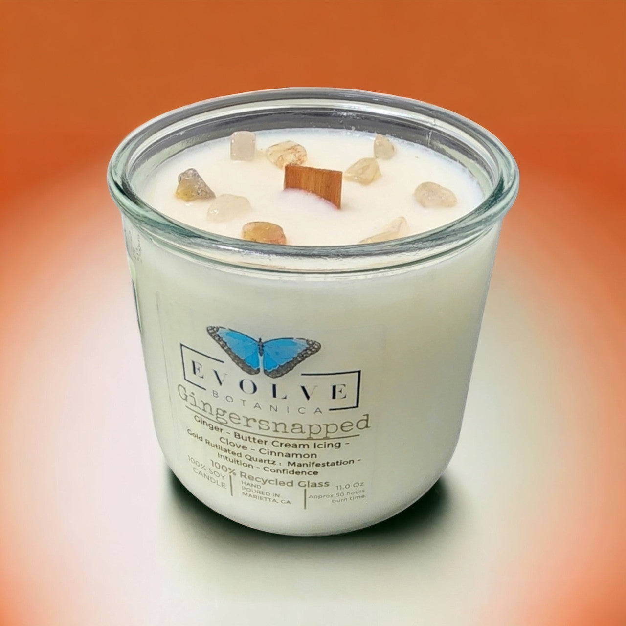 Eovelve Botanica Rocks Candle - Gingersnapped (Wood Wick Gold Rutilated Quartz Gemstone Soy Candle)