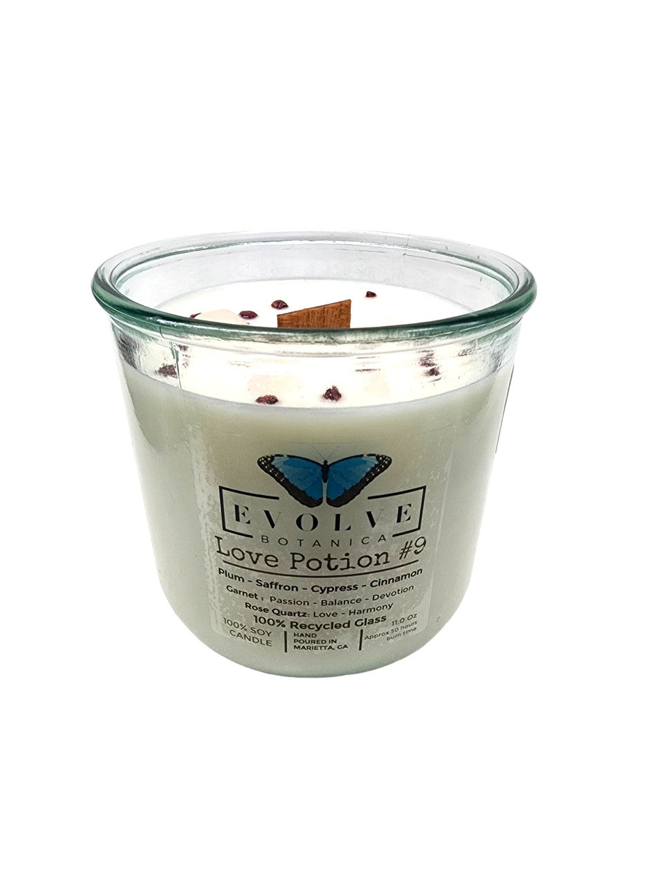 Evolve Botanica Rocks  Candle - Love Potion #9 (Wood Wick Garnet & Rose Quartz Gemstone Soy Candle)