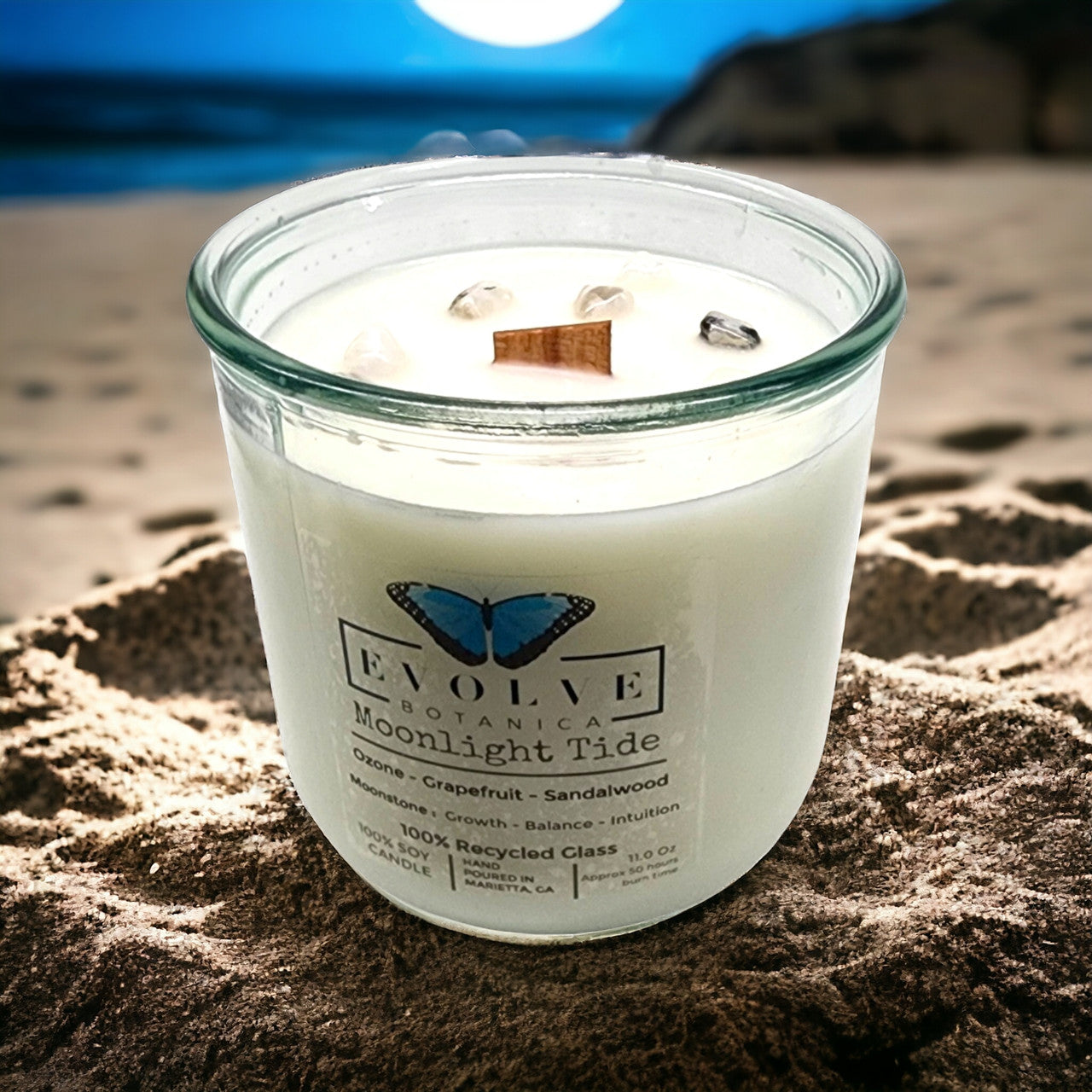 Evolve Botanica Rocks Crystal Soy Candle - Moonlight Tide (Moonstone)