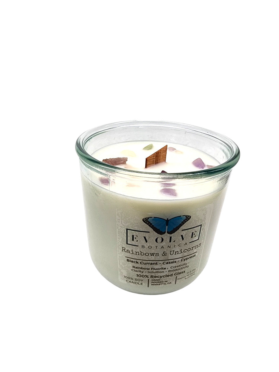 Rainbows & Unicorns Rocks candle side view showing Rainbow Fluorite in soy wax