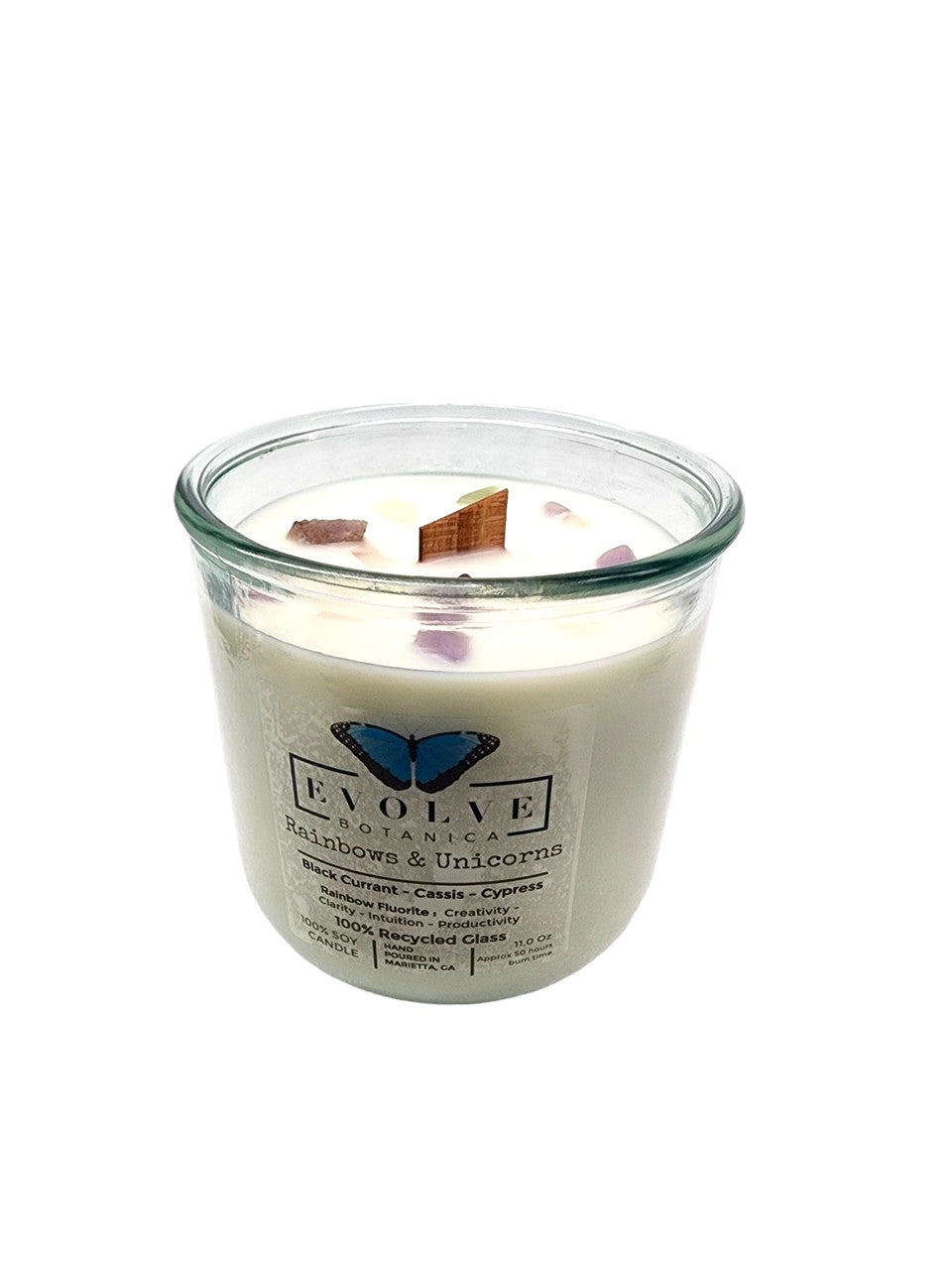 Rocks Candle - Rainbows & Unicorns (Wood Wick Rainbow Fluorite Gemstone Soy Candle) Evolve Botanica
