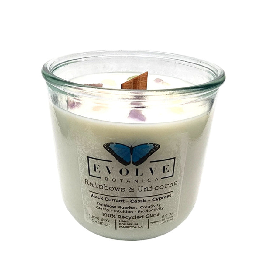 Rainbows & Unicorns Rocks candle with Rainbow Fluorite — black currant, cassis & cypress