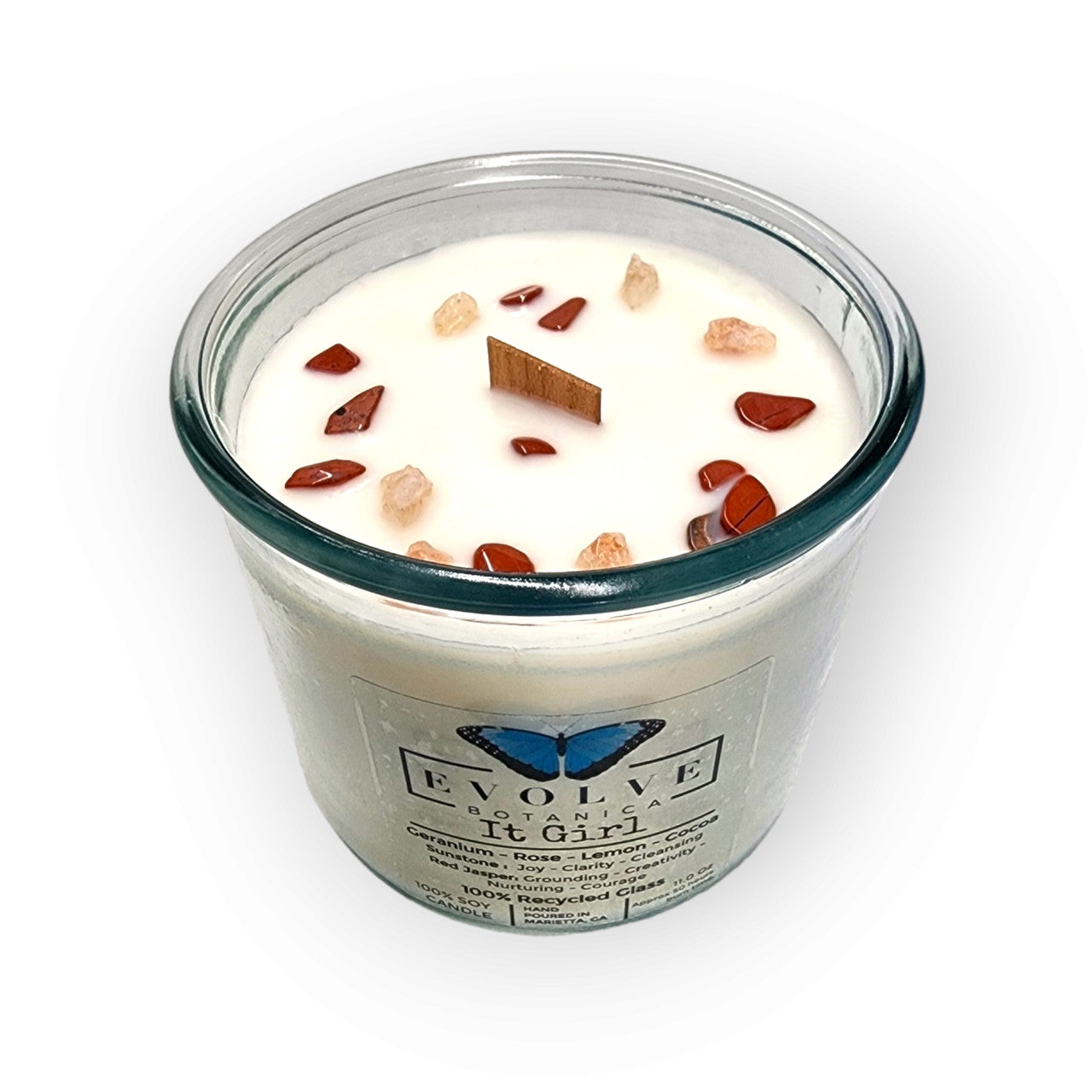 Evolve Botanica Rocks Candle - It Girl (Wood Wick Sunstone & Red Jasper Gemstone Soy Candle)