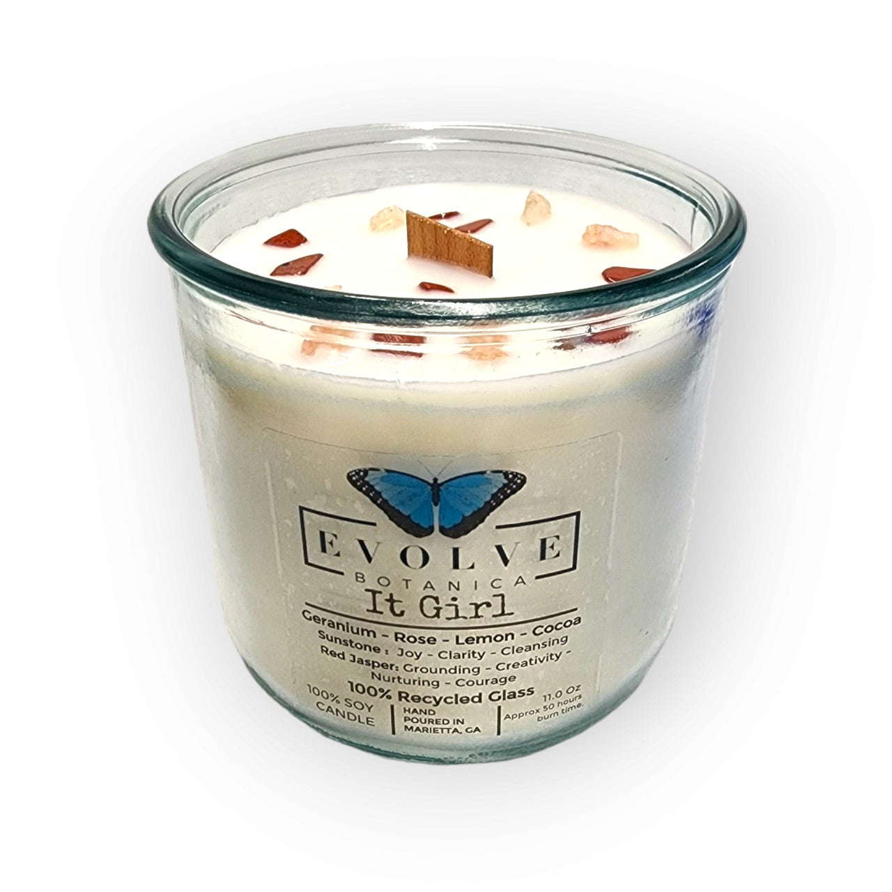 It Girl candle top-down — wood wick, confidence-boosting dual crystals