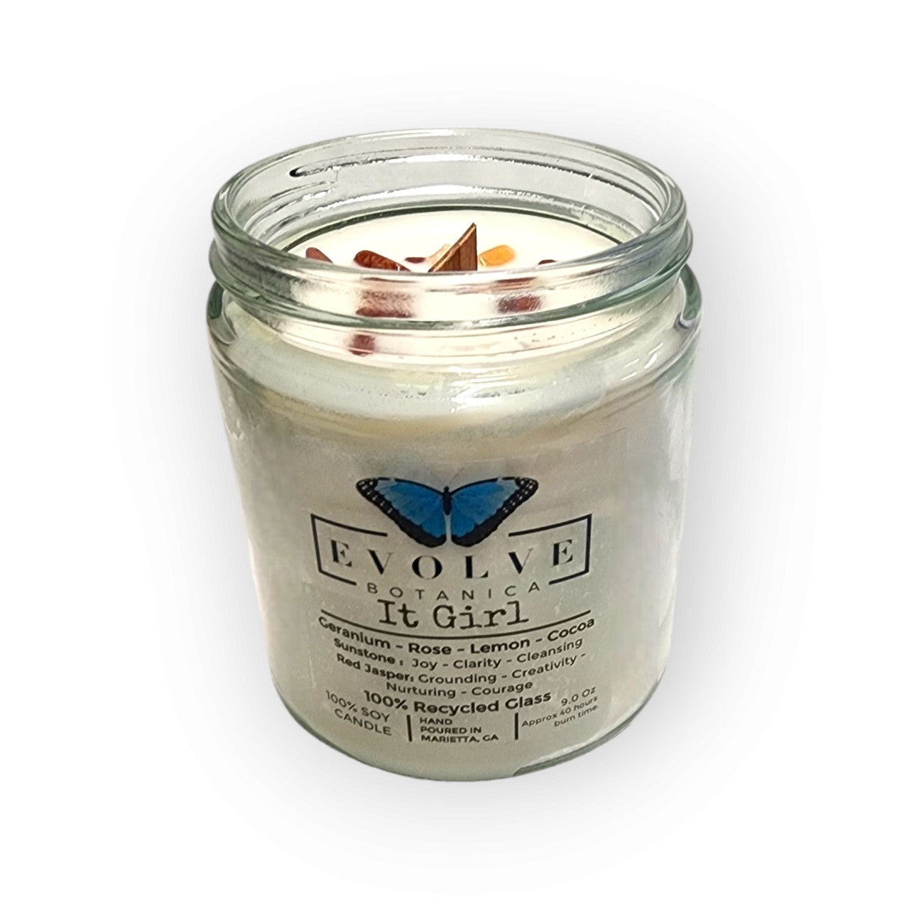 Evolve Botanica Classic 9oz Jam Jar Crystal Soy Candle - It Girl (Sunstone & Red Jasper)