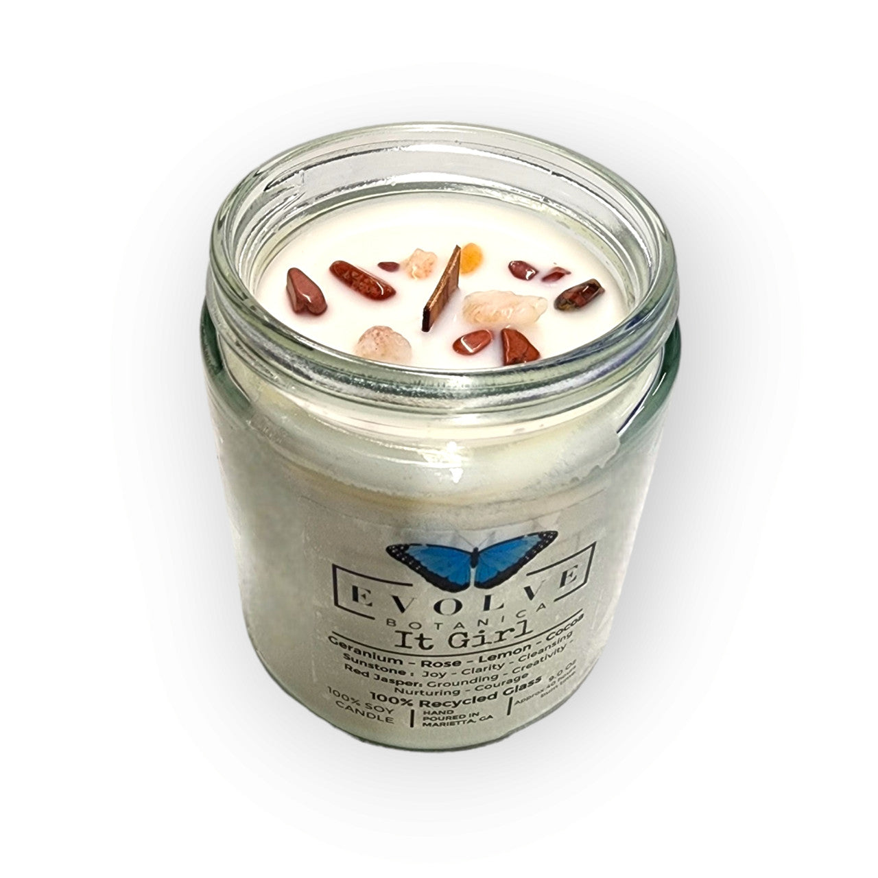 Evolve Botanica Classic 9oz Jam Jar Crystal Soy Candle - It Girl (Sunstone & Red Jasper)