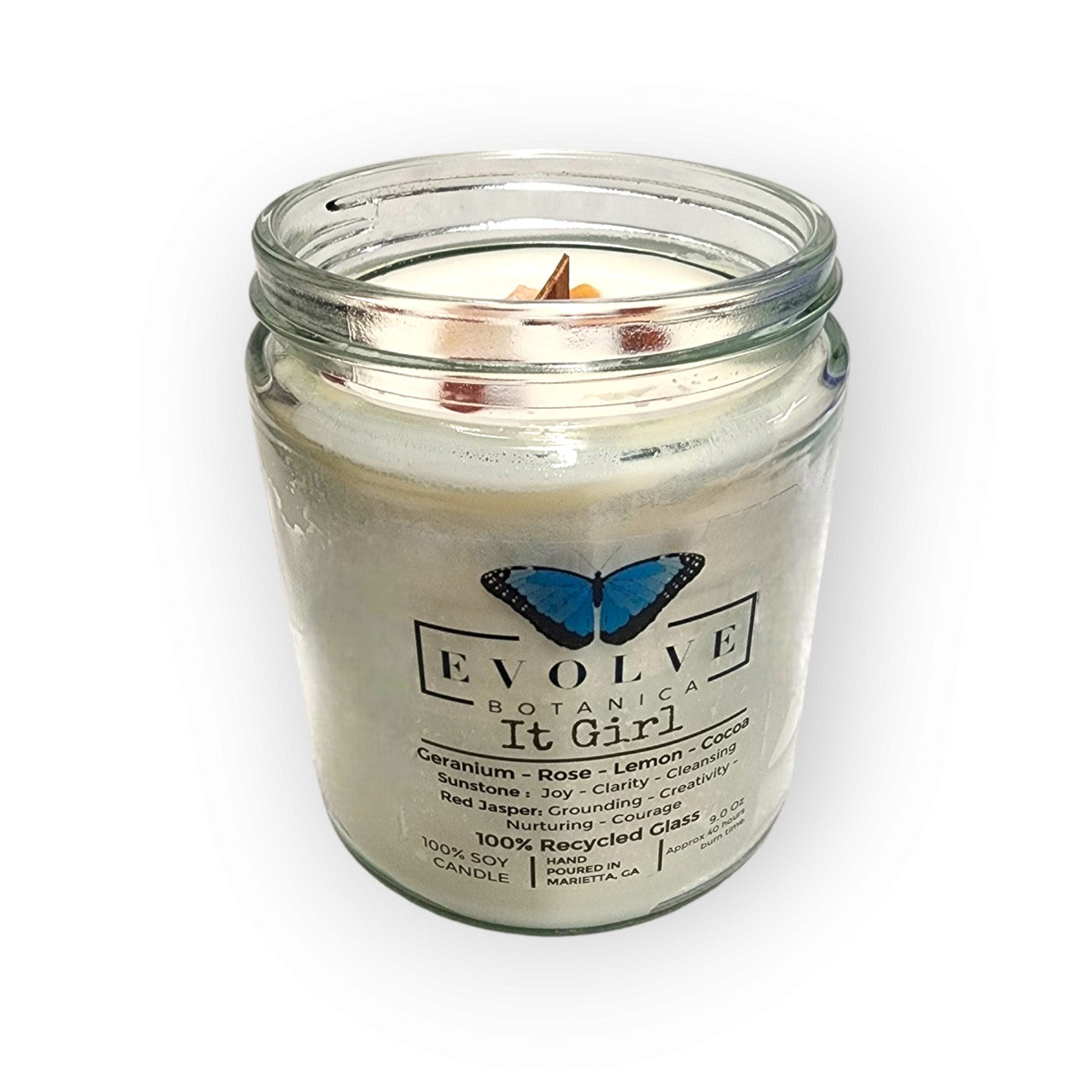 Evolve Botanica Classic 9oz Jam Jar Crystal Soy Candle - It Girl (Sunstone & Red Jasper)