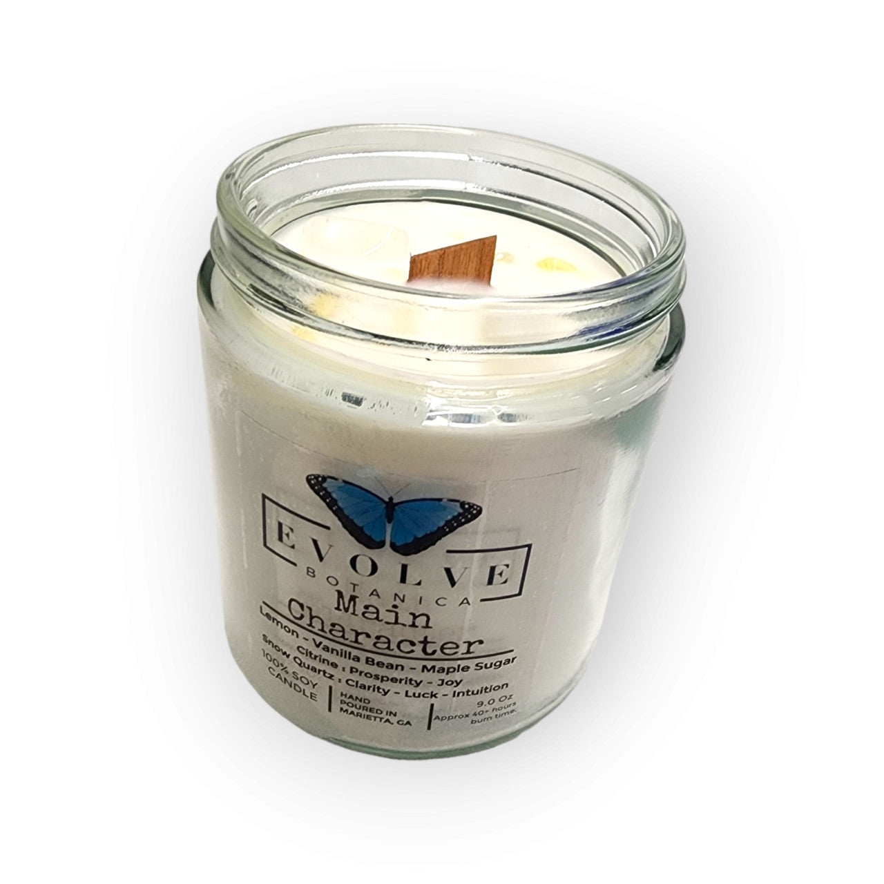 Main Character 9oz Jam Jar Soy Candle, Citrine & Snow Quartz