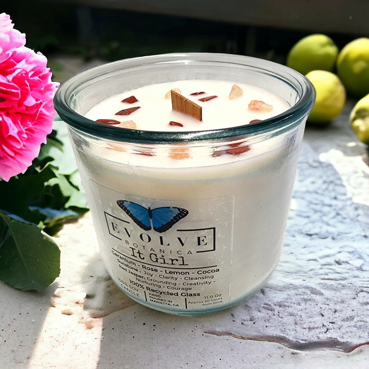 It Girl Rocks candle with Sunstone & Red Jasper — lemon, roses & tonka bean