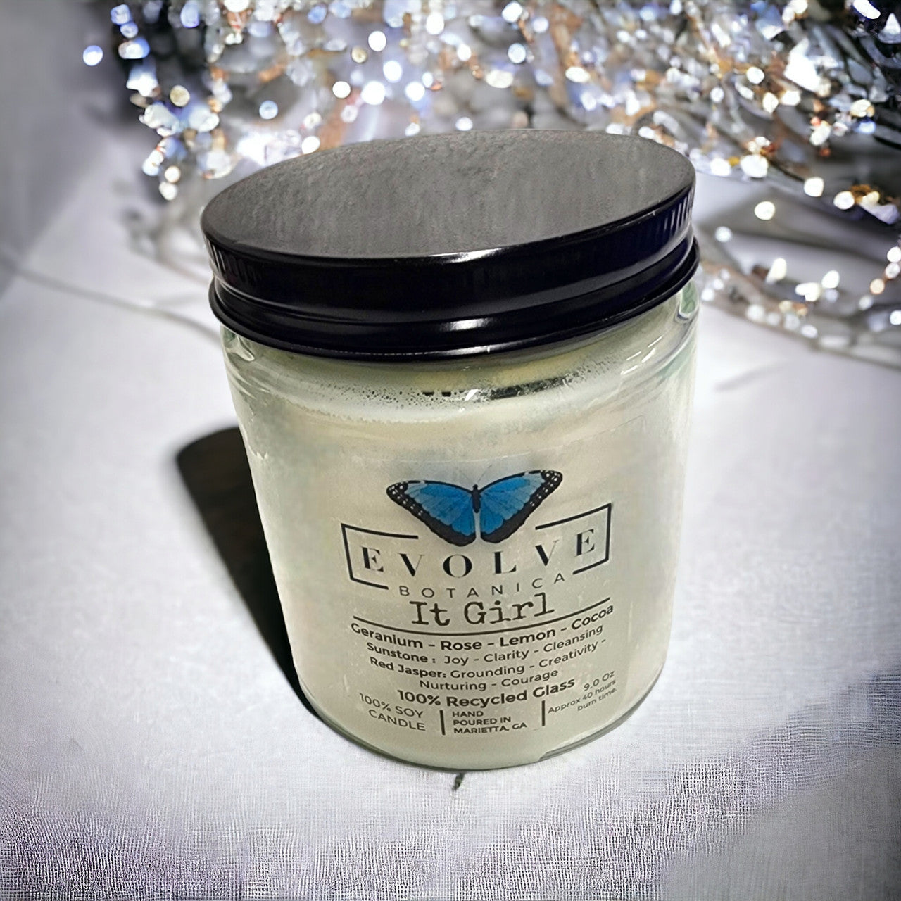 Evolve Botanica Classic 9oz Jam Jar Crystal Soy Candle - It Girl (Sunstone & Red Jasper)