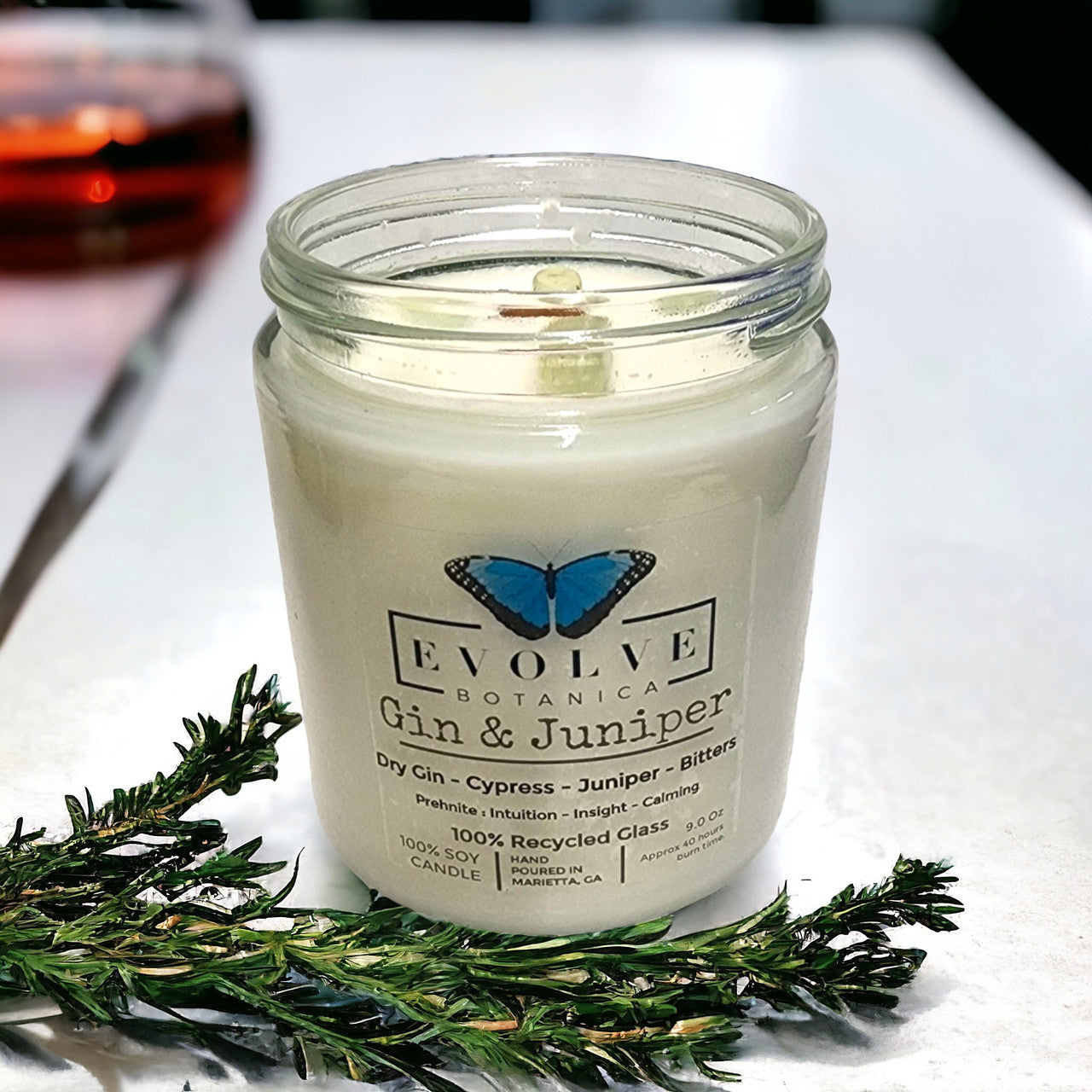Gin & Juniper 9oz Jam Jar Soy Candle, Prehnite