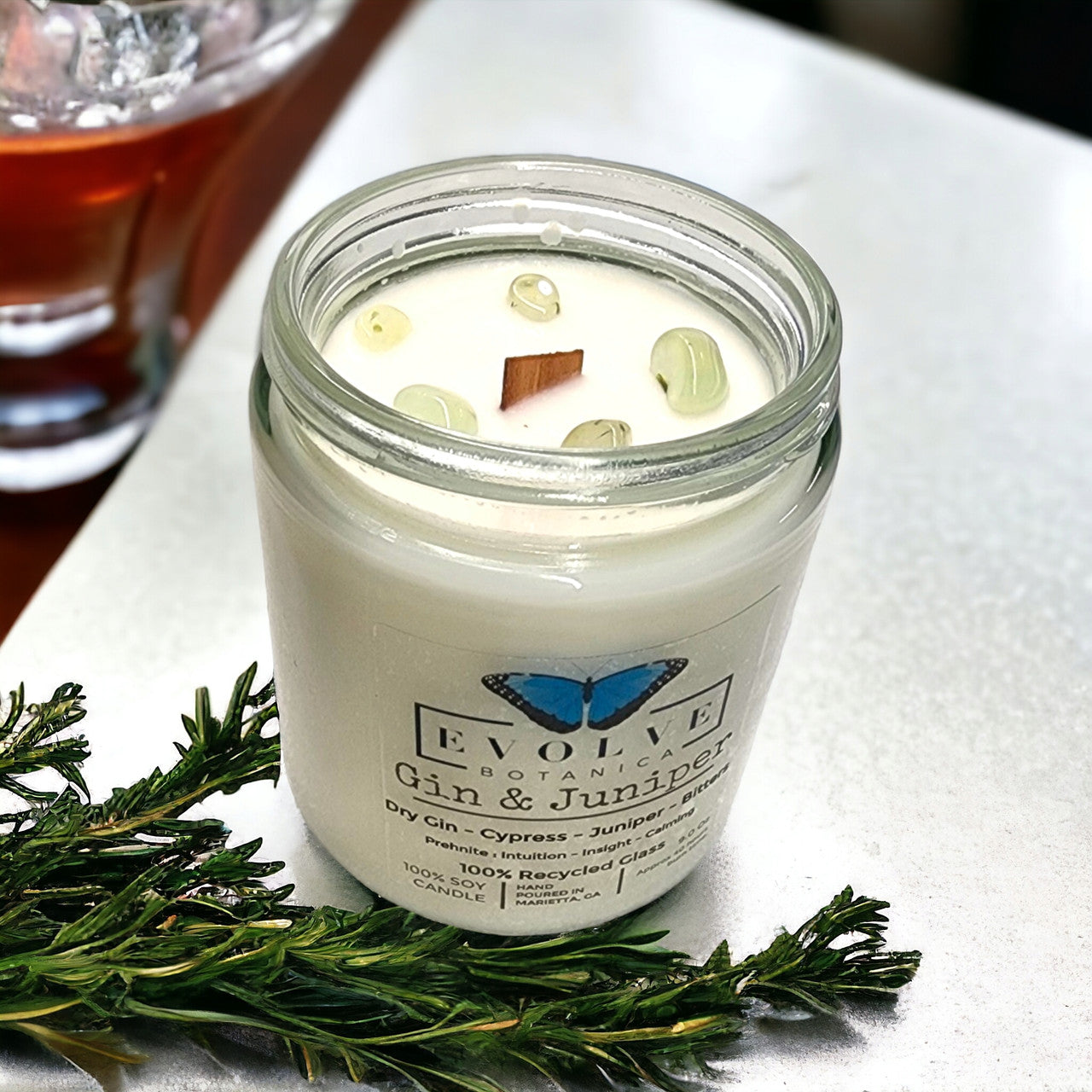 Gin & Juniper 9oz Jam Jar Soy Candle, Prehnite