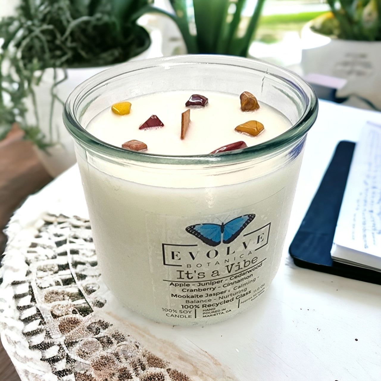 Evolve Botanica Rocks Candle - It's a Vibe (Wood Wick Mookite Jasper Gemstone Soy Candle)