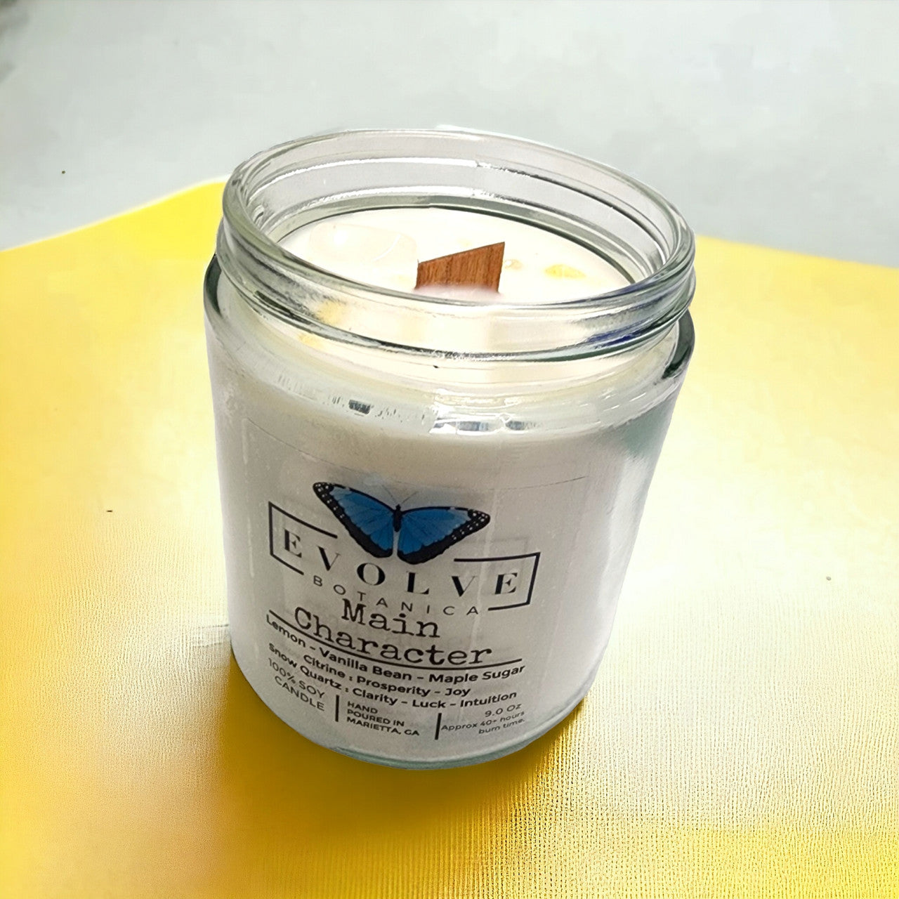 Main Character 9oz Jam Jar Soy Candle, Citrine & Snow Quartz