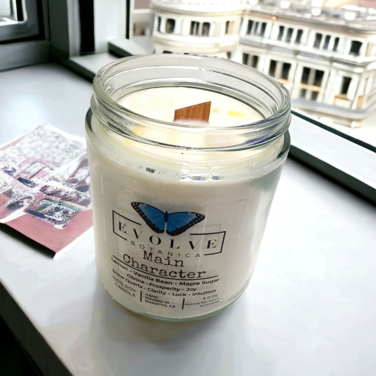 Main Character 9oz Jam Jar Soy Candle, Citrine & Snow Quartz