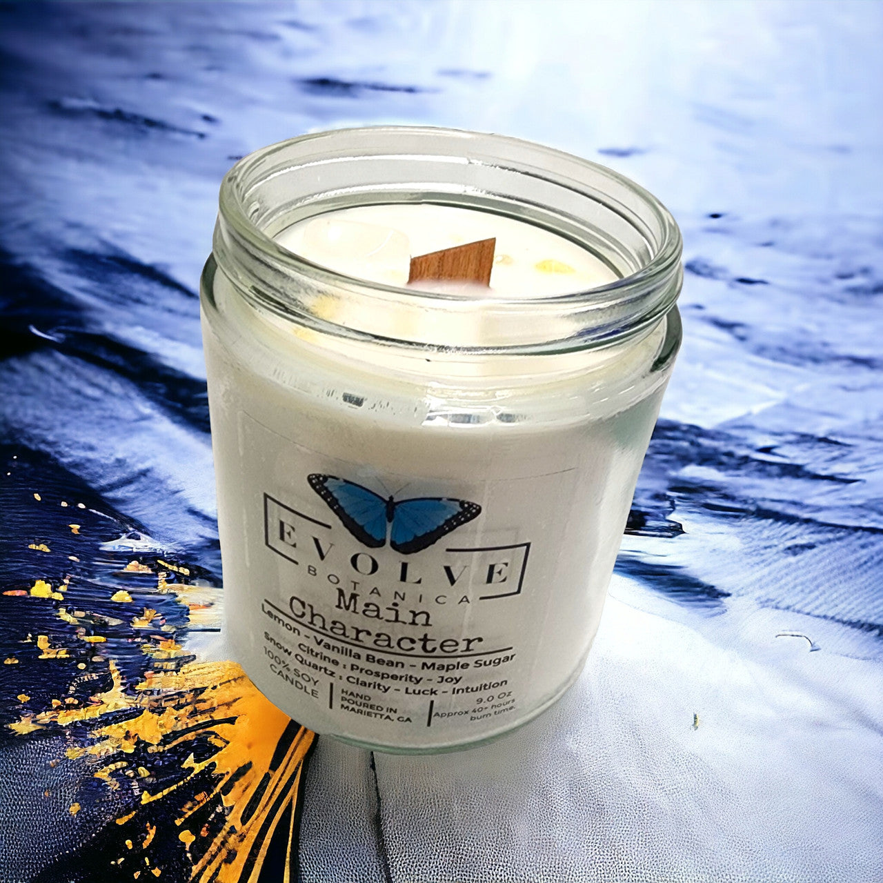 Main Character 9oz Jam Jar Soy Candle, Citrine & Snow Quartz