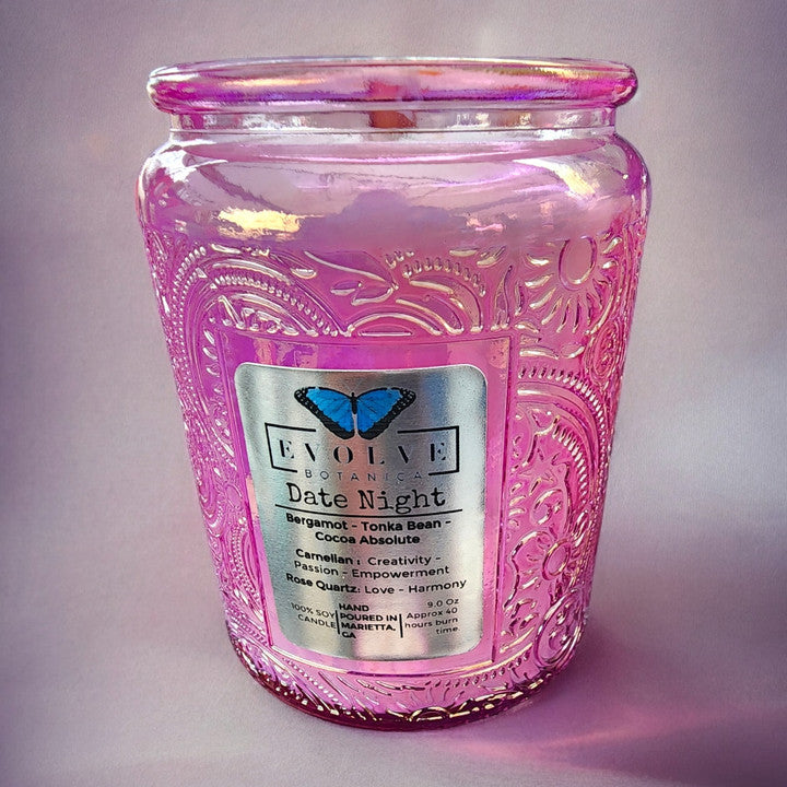 Evolve Botanica Date Night - Wood Wick Soy Candle (Sunstone & Red Jasper) - Embossed Glass