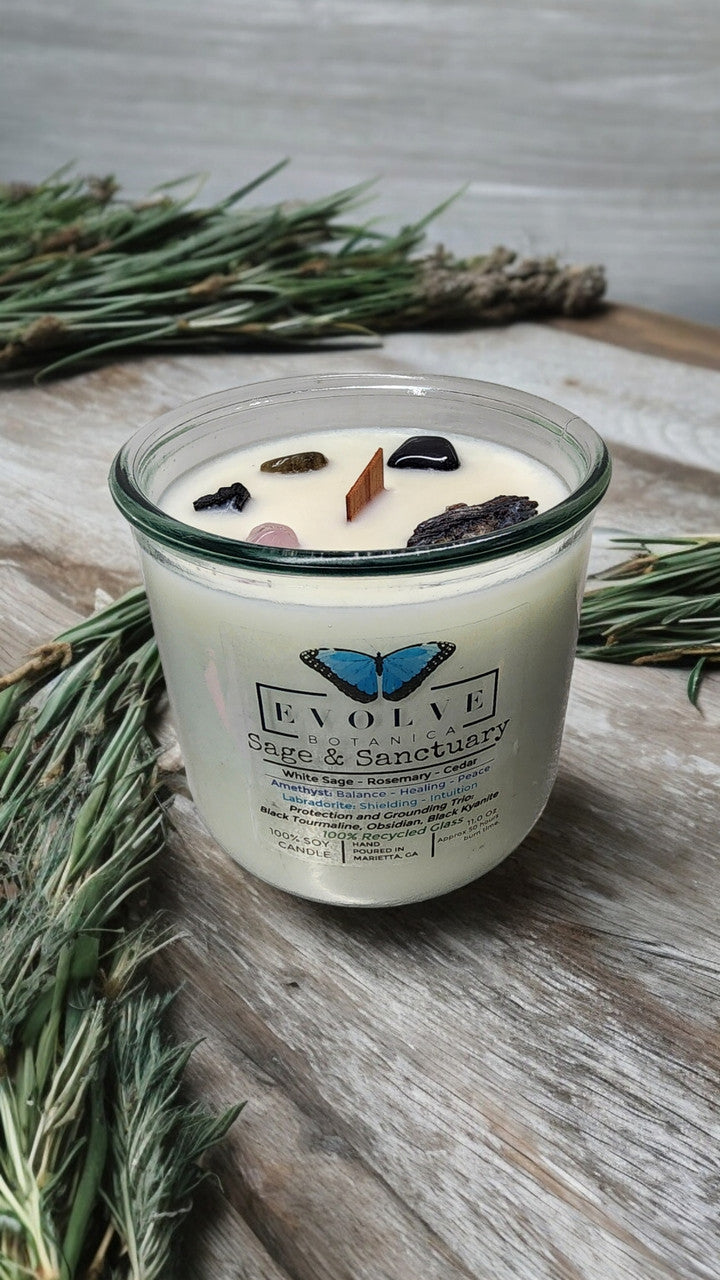 Rocks Candle - Sage & Sanctuary (Black Kyanite, Black Tourmaline, Obsidian, Amethyst, Labradorite) Evolve Botanica