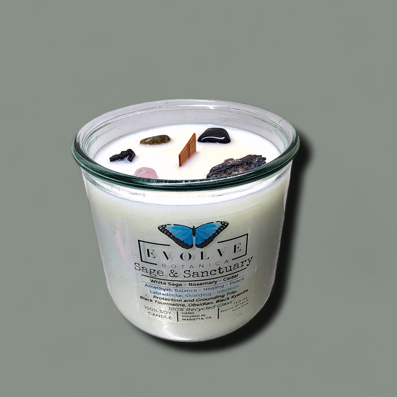 Rocks Candle - Sage & Sanctuary (Black Kyanite, Black Tourmaline, Obsidian, Amethyst, Labradorite) Evolve Botanica