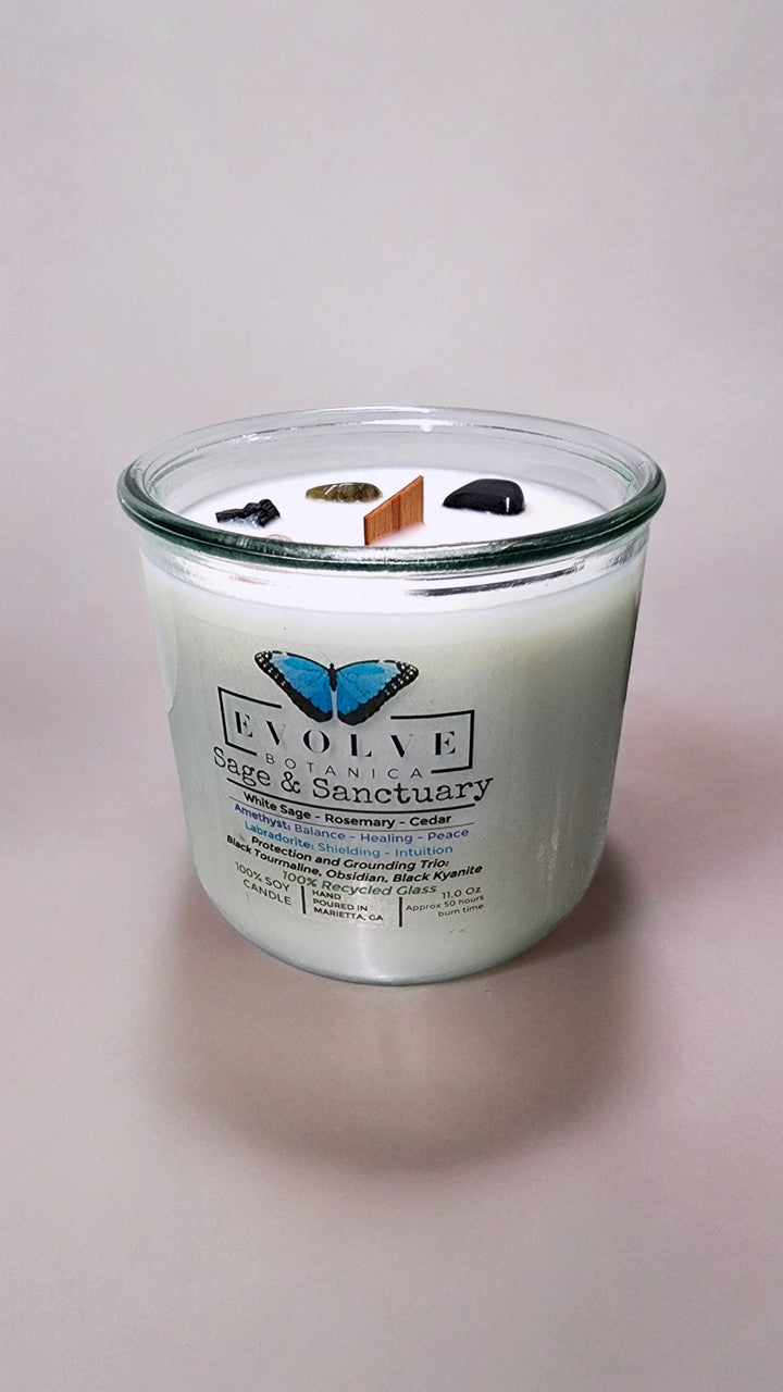 Rocks Candle - Sage & Sanctuary (Black Kyanite, Black Tourmaline, Obsidian, Amethyst, Labradorite) Evolve Botanica