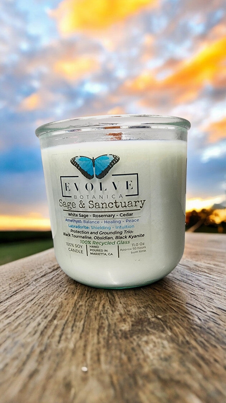 Rocks Candle - Sage & Sanctuary (Black Kyanite, Black Tourmaline, Obsidian, Amethyst, Labradorite) Evolve Botanica