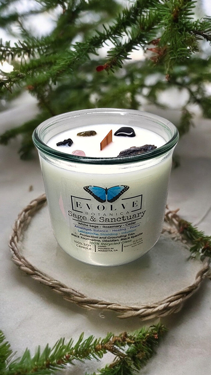 Rocks Candle - Sage & Sanctuary (Black Kyanite, Black Tourmaline, Obsidian, Amethyst, Labradorite) Evolve Botanica