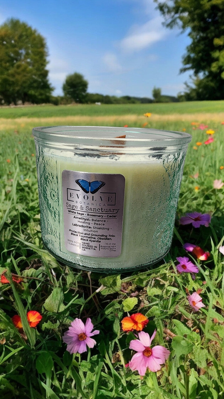 Evolve Botanica Sage & Sanctuary - Wood Wick Soy Candle (Black Kyanite, Black Tourmaline, Obsidian, Amethyst, Labradorite)- Embossed Glass