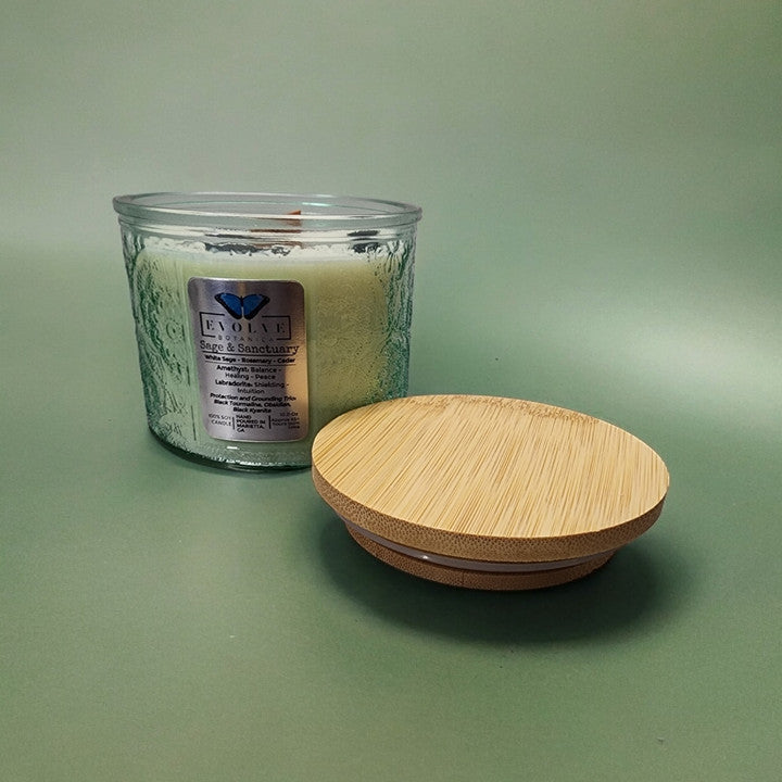 Evolve Botanica Sage & Sanctuary - Wood Wick Soy Candle (Black Kyanite, Black Tourmaline, Obsidian, Amethyst, Labradorite)- Embossed Glass