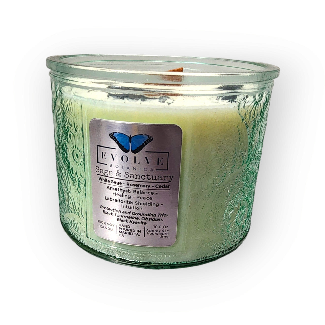 Evolve Botanica Sage & Sanctuary - Wood Wick Soy Candle (Black Kyanite, Black Tourmaline, Obsidian, Amethyst, Labradorite)- Embossed Glass