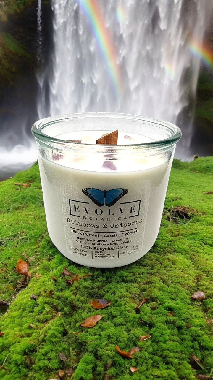 Rocks Candle - Rainbows & Unicorns (Wood Wick Rainbow Fluorite Gemstone Soy Candle) Evolve Botanica