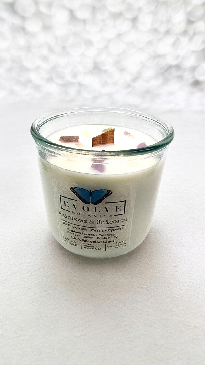 Rainbows & Unicorns Rocks candle styled with rainbow accents — playful home decor