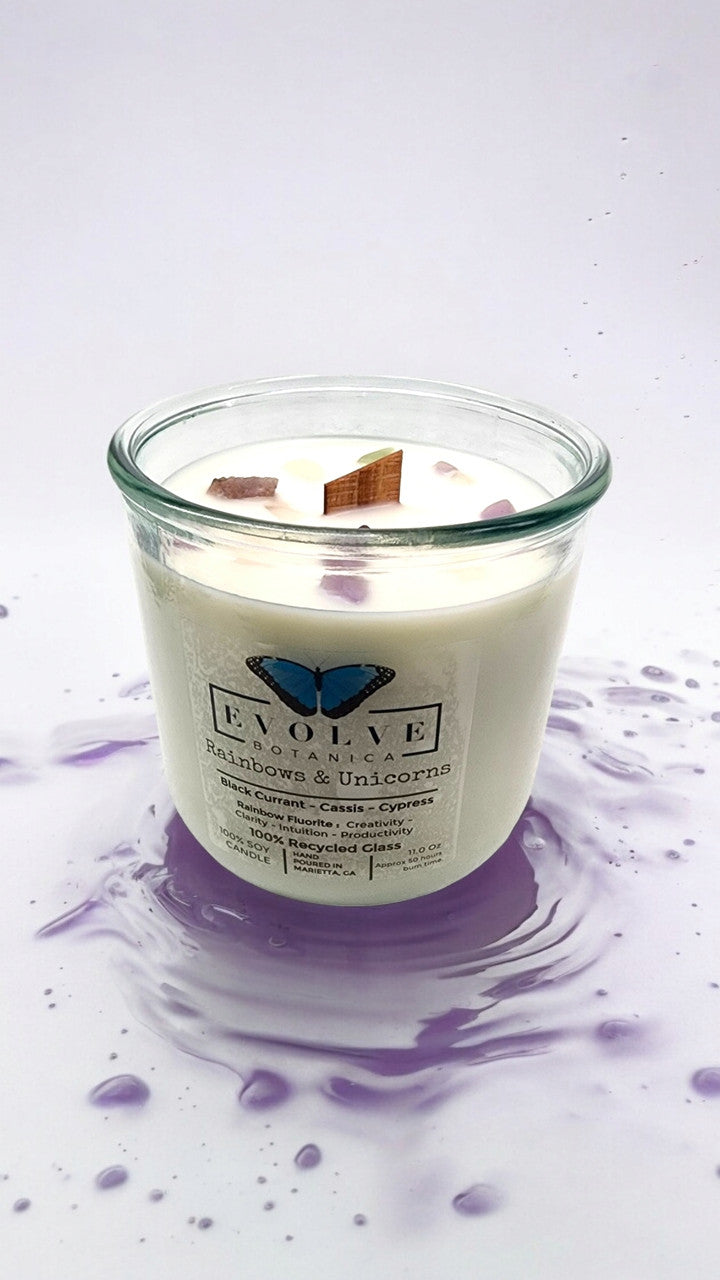 Rainbows & Unicorns candle top-down — wood wick, Rainbow Fluorite crystal-topped