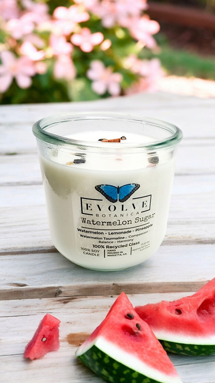 Watermelon Sugar Rocks candle side view showing crystal in summer soy wax