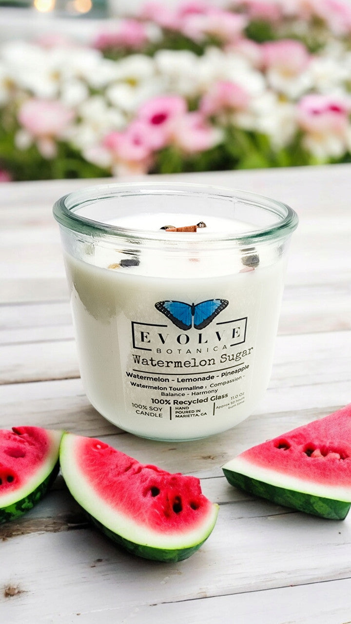 Close-up of Watermelon Sugar candle — sweet pink summer melon scent