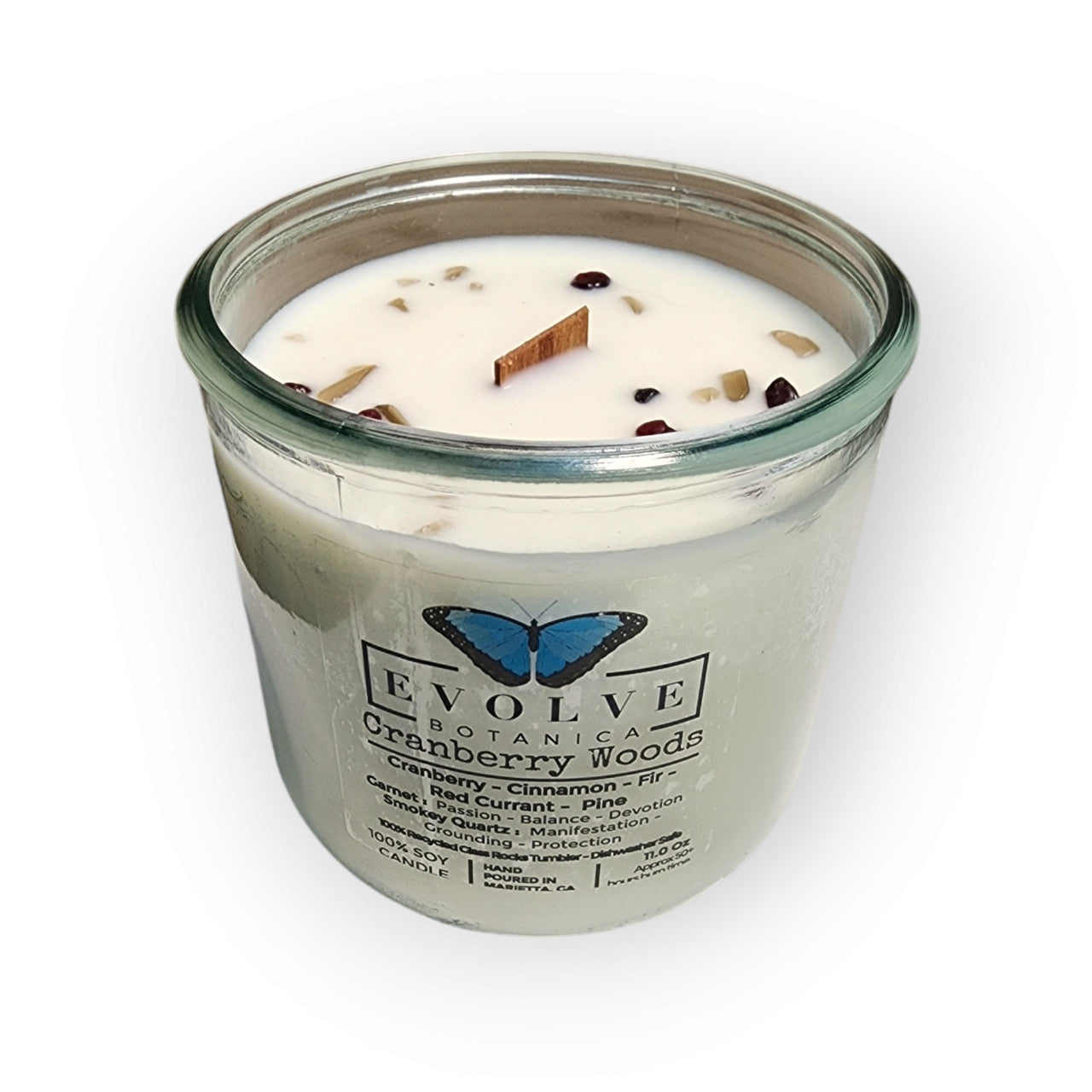 Cranberry Woods Rocks candle with Garnet & Smoky Quartz — cranberry & cedar woods