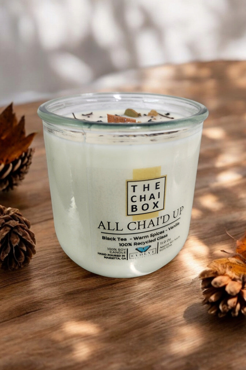 All Chai'd Up Rocks candle in Evolve Botanica packaging — chai lover gift