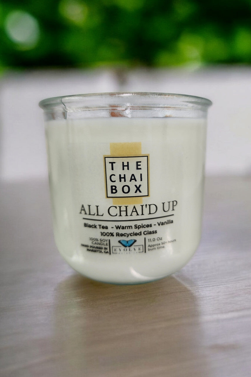 Close-up of All Chai'd Up candle — warm spice and black tea notes