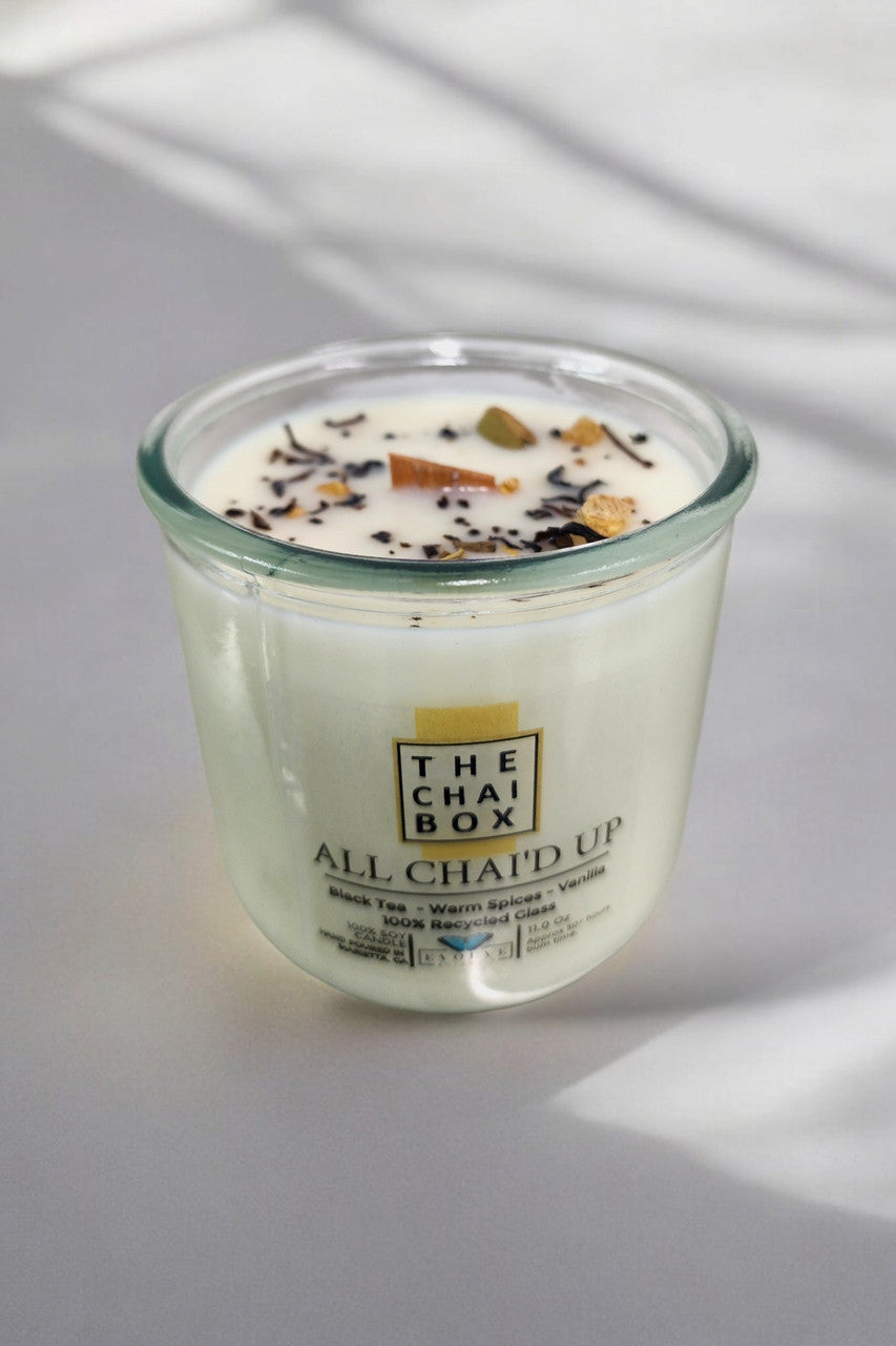 All Chai'd Up wood wick soy candle lit — cozy chai latte atmosphere