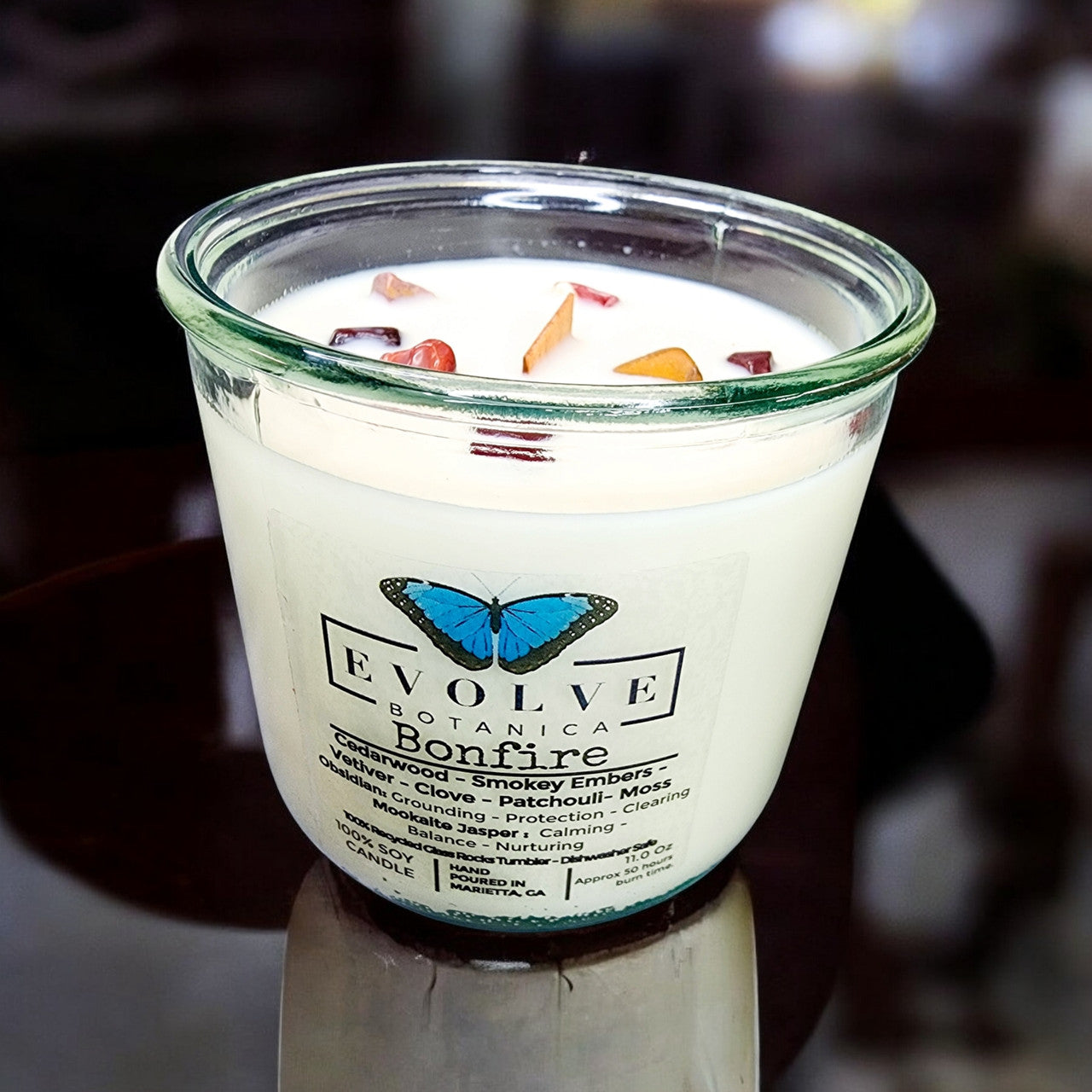 Evolve Botanica Rocks Candle - Bonfire (Wood Wick Obsidian & Mookaite Gemstone Soy Candle)