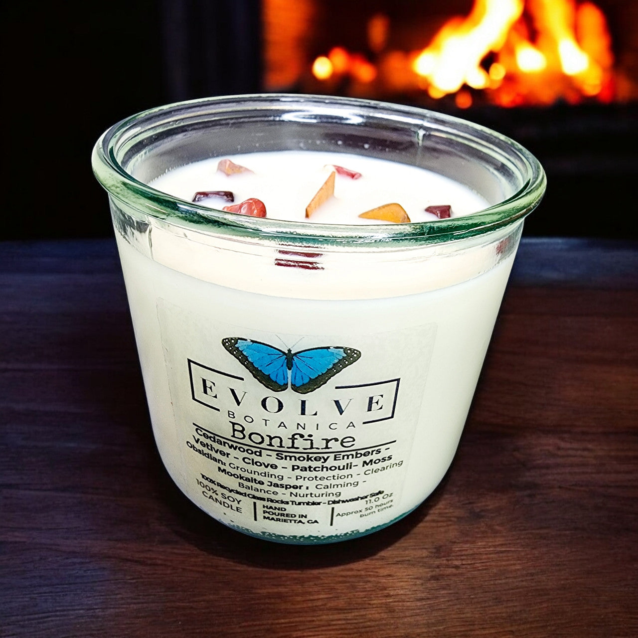 Evolve Botanica Rocks Candle - Bonfire (Wood Wick Obsidian & Mookaite Gemstone Soy Candle)