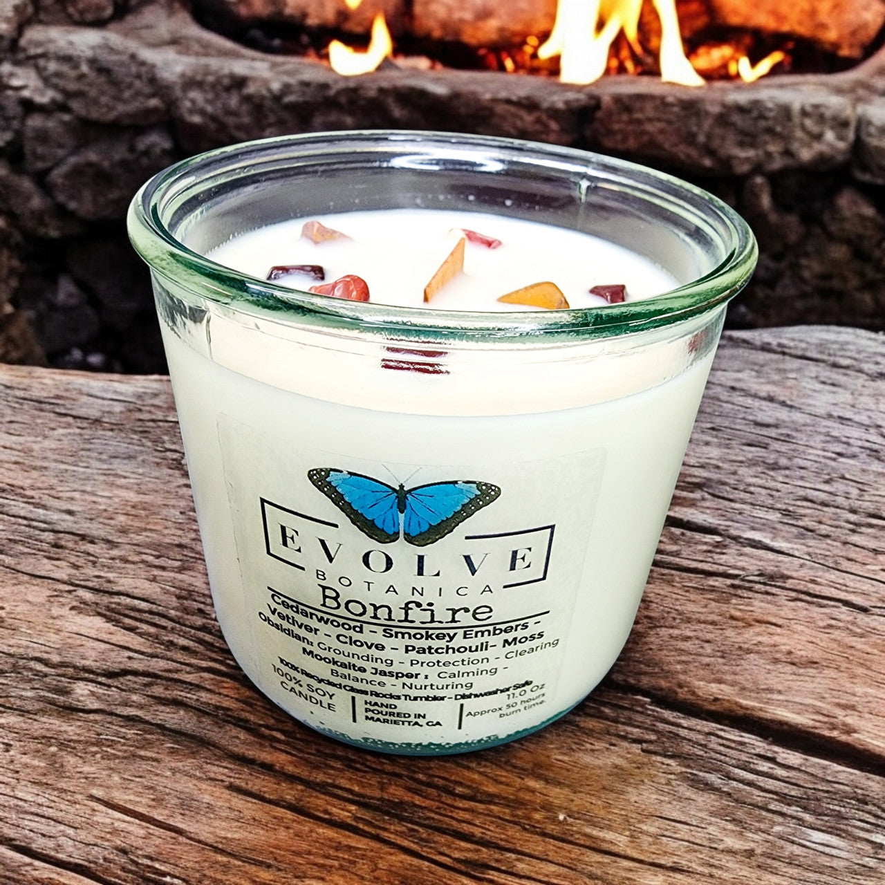 Evolve Botanica Rocks Candle - Bonfire (Wood Wick Obsidian & Mookaite Gemstone Soy Candle)