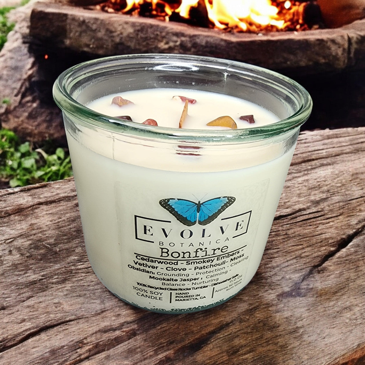 Evolve Botanica Rocks Candle - Bonfire (Wood Wick Obsidian & Mookaite Gemstone Soy Candle)